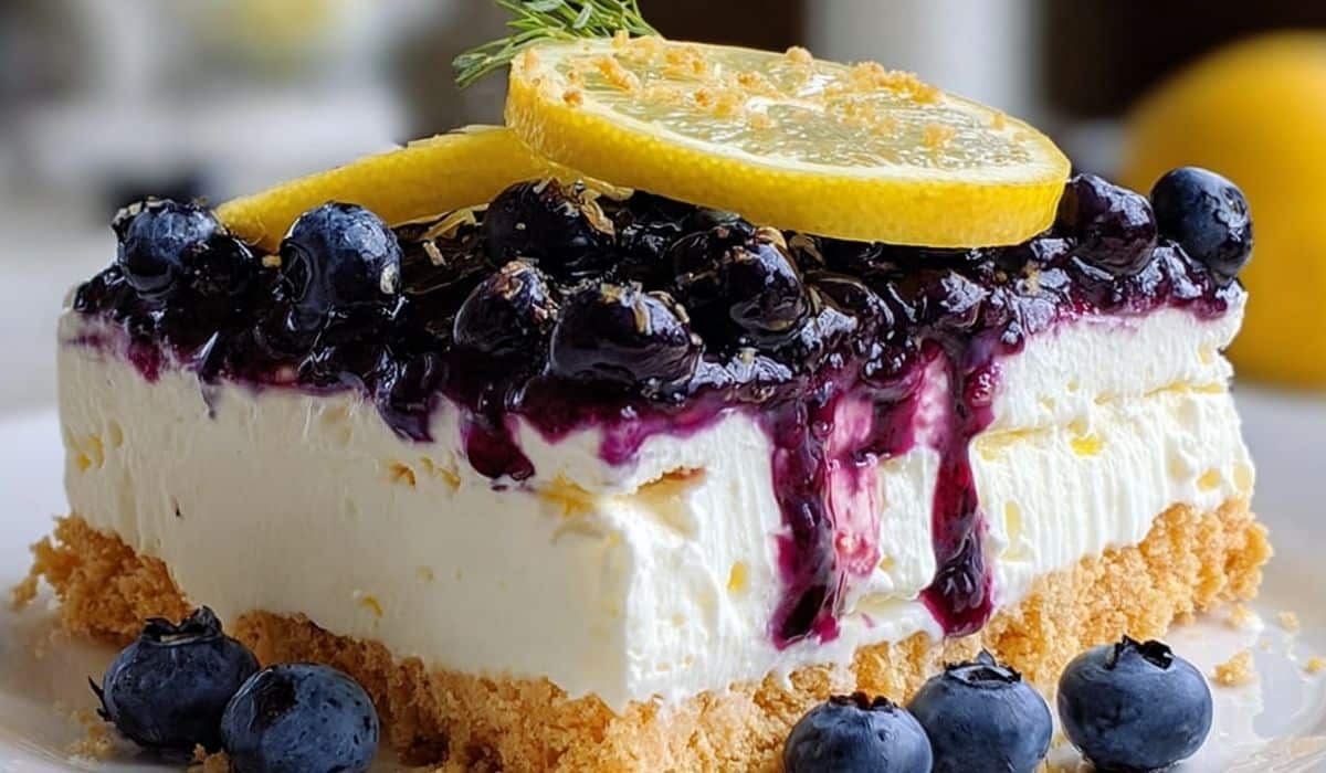 No Bake Lemon Blueberry Dessert with Lemon Slices on Top
