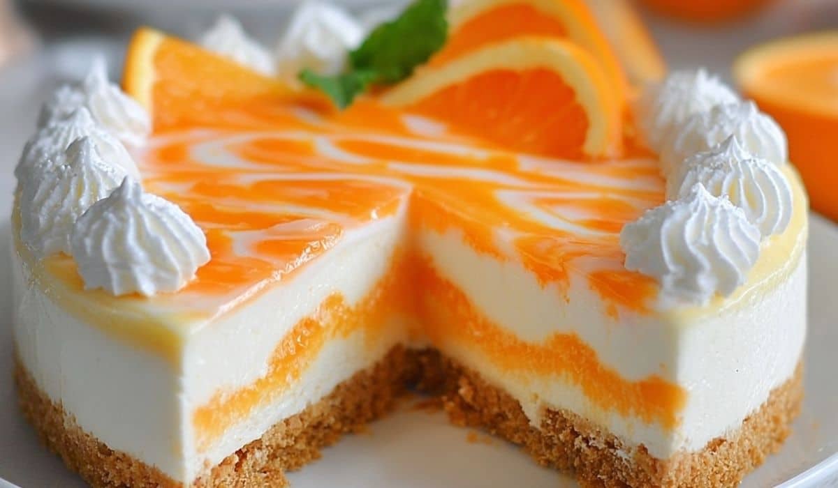 No-Bake Orange Creamsicle Cheesecake with whipped cream topping and orange swirl