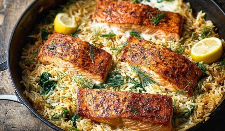 One Skillet Salmon with Lemon Orzo served in a skillet with fresh dill and lemon wedges