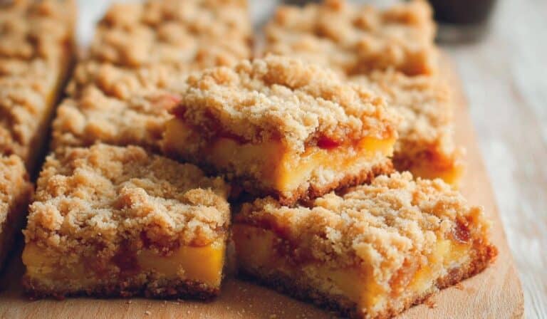 Peaches and Cream Crumble Bars stacked on a wooden board