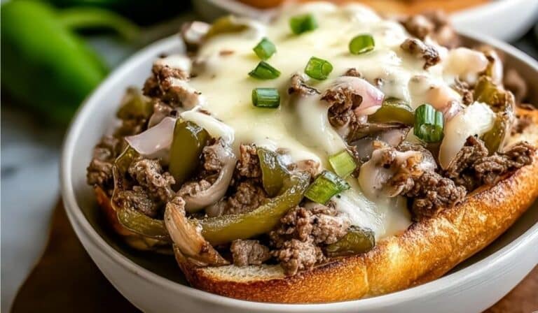 Philly Cheesesteak Bowls with melted provolone cheese and sautéed peppers