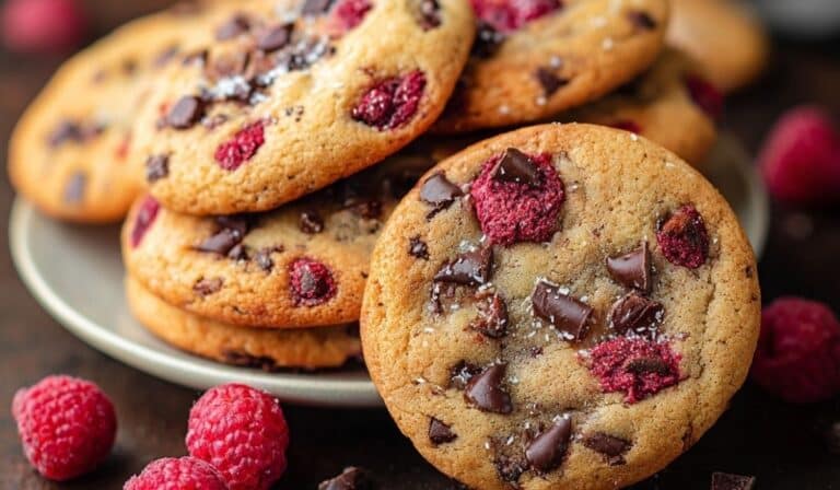 Freshly baked Raspberry Chocolate Chip Cookies with bursts of berries and rich chocolate chunks