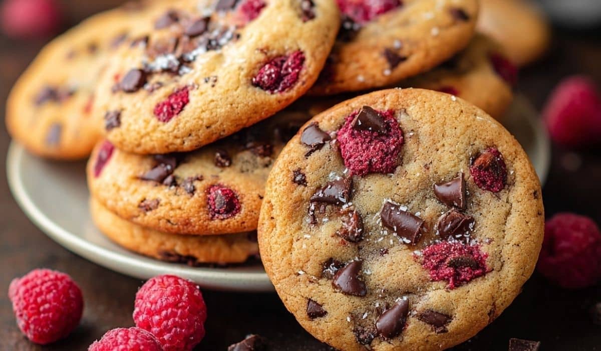 Freshly baked Raspberry Chocolate Chip Cookies with bursts of berries and rich chocolate chunks