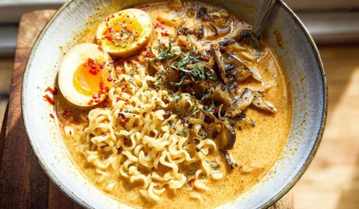Spicy Coconut Curry Ramen with soft-boiled eggs and mushrooms