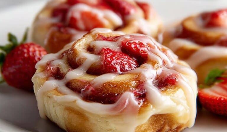 Strawberry Cheesecake Cinnamon Rolls with cream cheese glaze and fresh strawberries