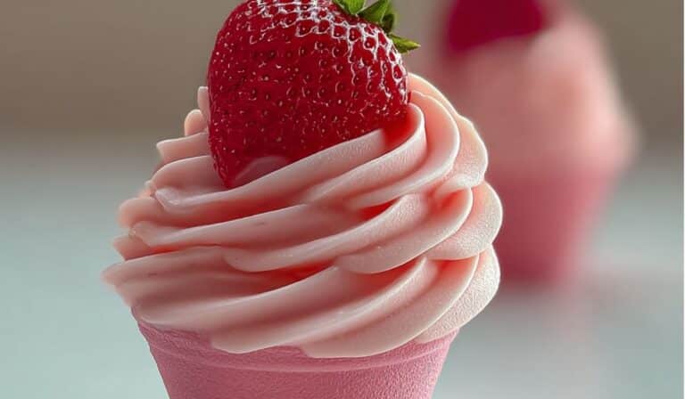 Creamy Strawberry Dole Whip swirl with fresh strawberry topping in pink cup