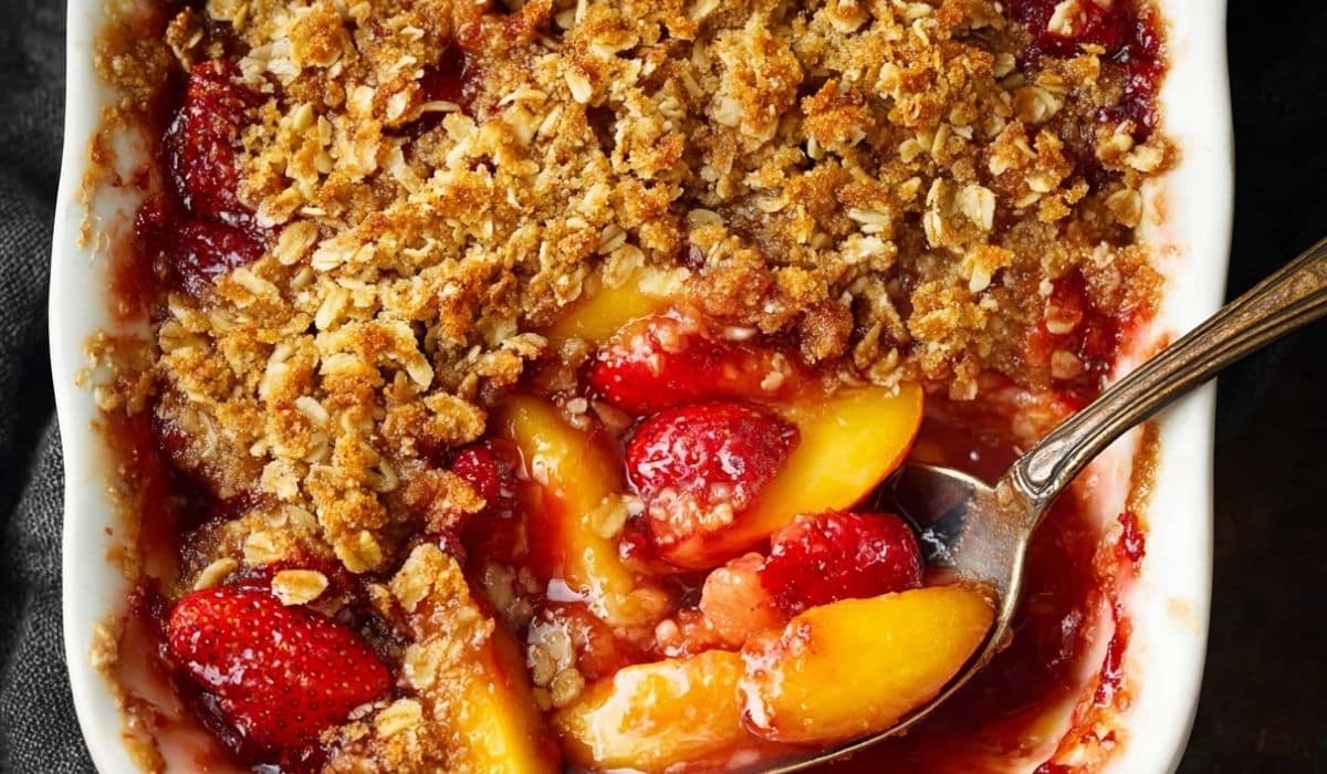 Featured image of homemade Strawberry Peach Crisp with golden oat topping