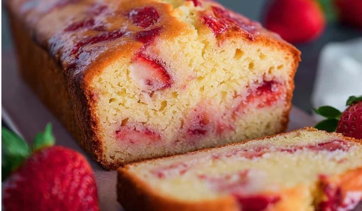 Freshly baked strawberry pound cake loaf with sliced strawberries inside and around