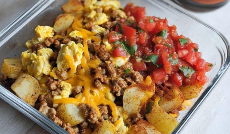 Tex Mex Turkey Scramble with eggs, ground turkey, potatoes, and salsa