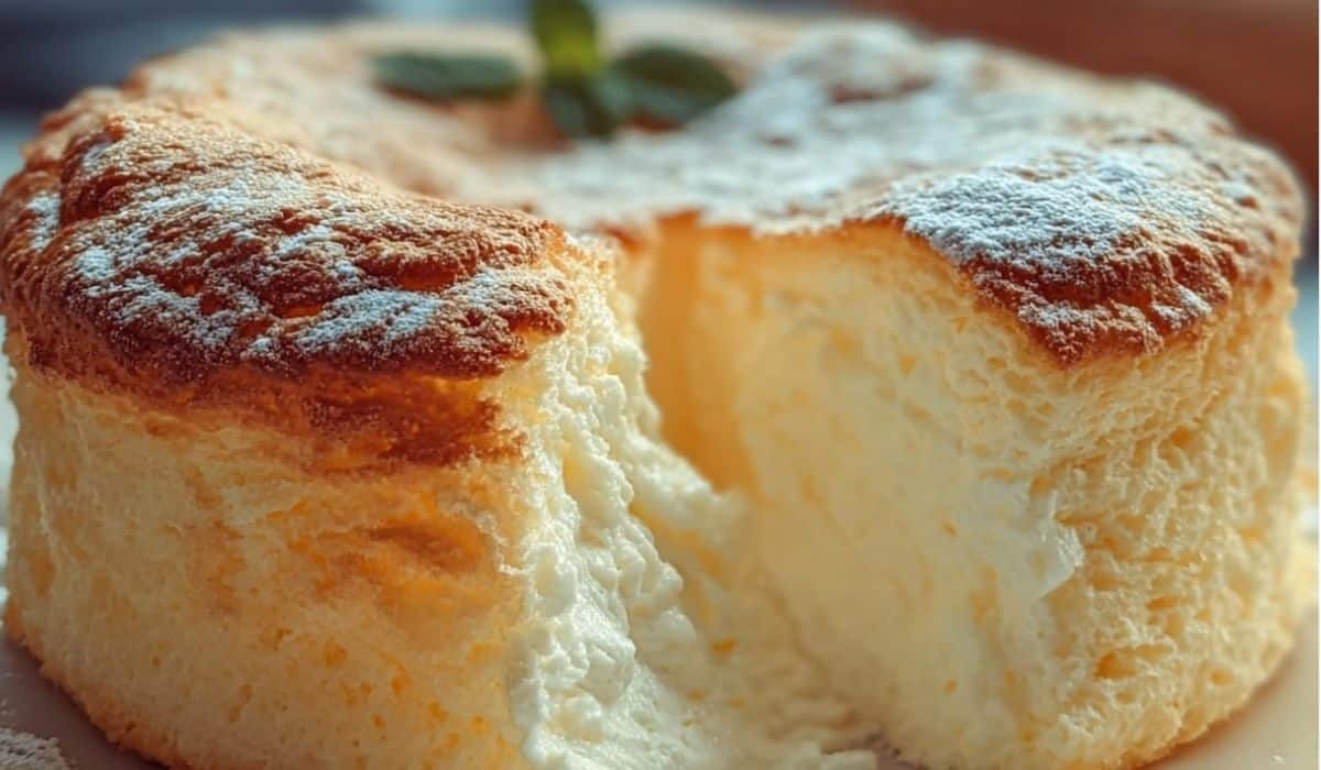 Fluffy golden-brown Yogurt Cloud Cake sliced to show soft interior