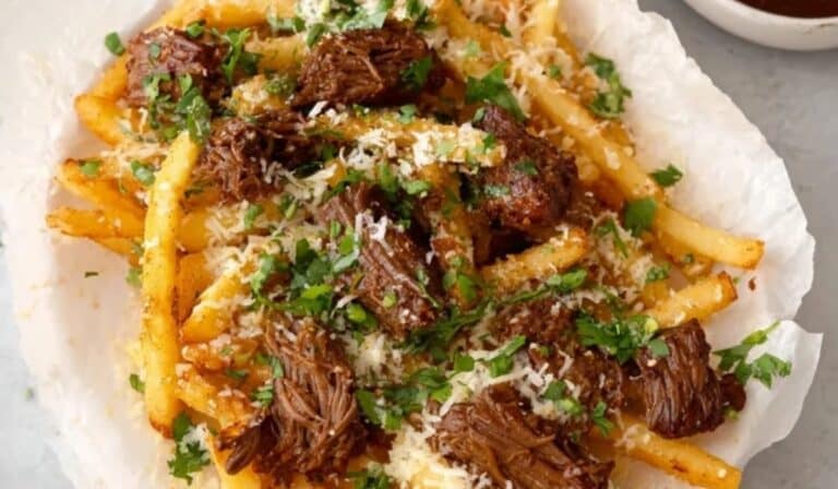 Air Fryer Birria Fries topped with juicy birria beef and cilantro on parchment