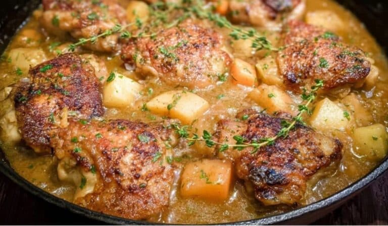 Apple Dijon Braised Chicken Thighs in a cast iron skillet with apples and fresh herbs
