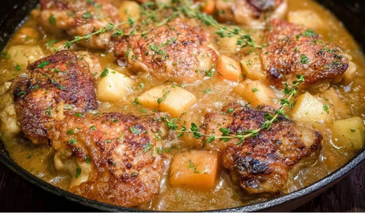 Apple Dijon Braised Chicken Thighs in a cast iron skillet with apples and fresh herbs