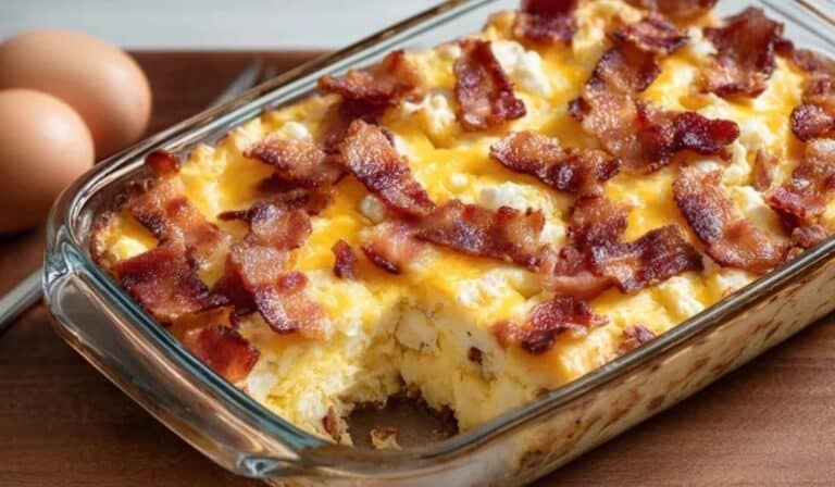 Featured image of Egg, Cheese, and Bacon Breakfast Casserole in glass baking dish