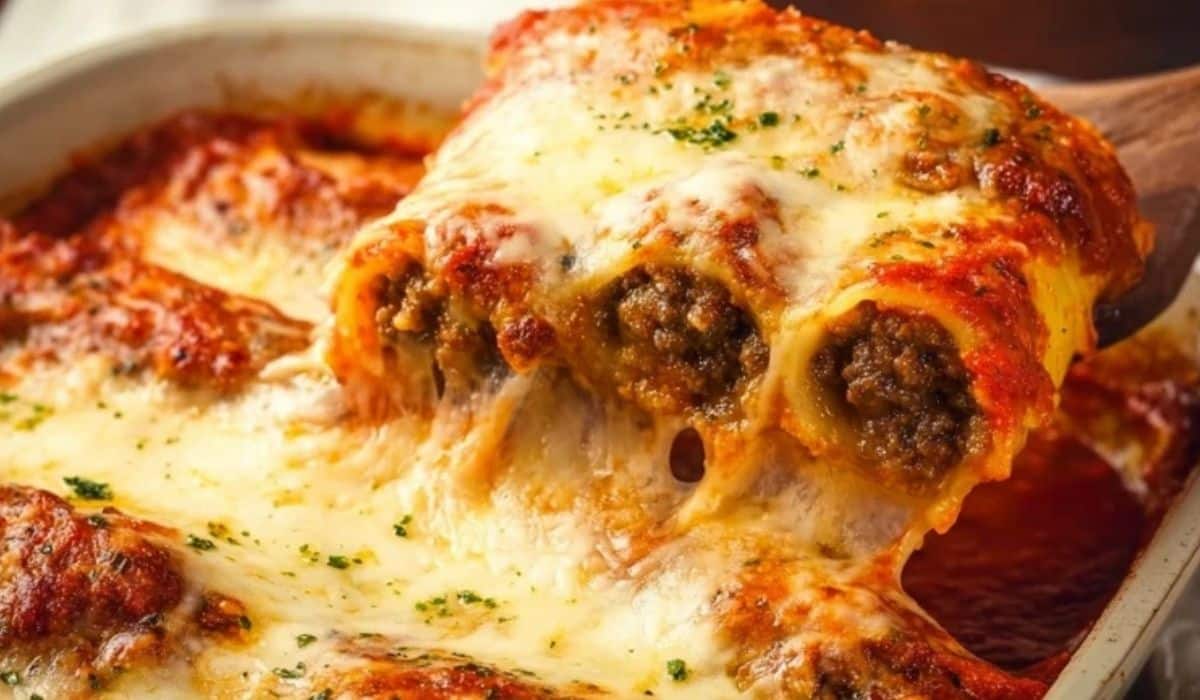 Baked Beef Cannelloni with melted cheese and rich tomato sauce