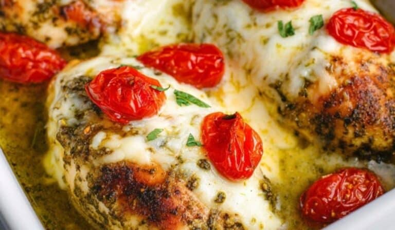 Baked Pesto Mozzarella Chicken topped with roasted cherry tomatoes