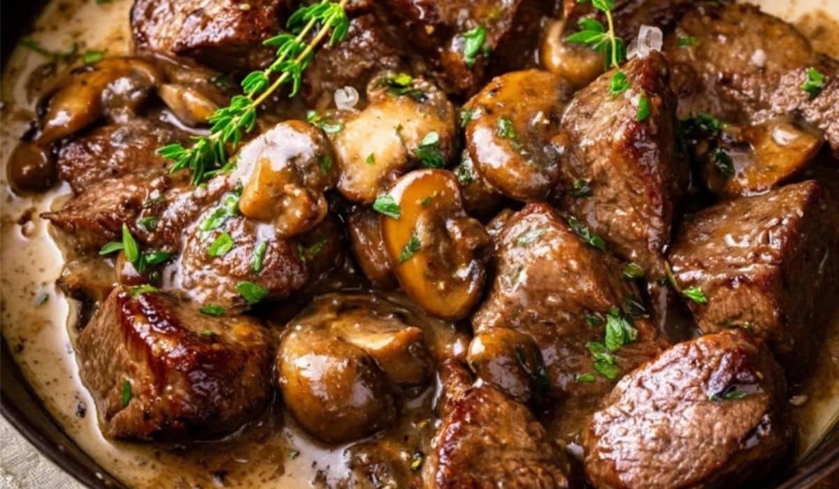 Beef Tenderloin Tips in Mushroom Gravy served in cast iron skillet
