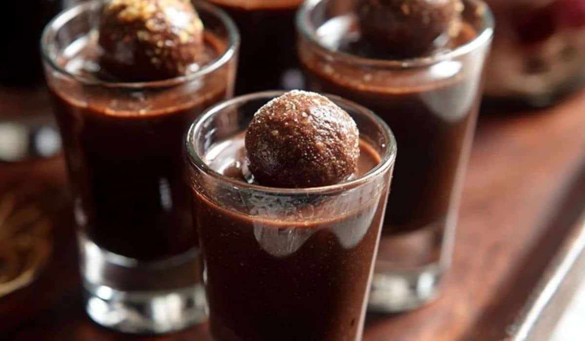 Bourbon Ball Ganache Shooters served in mini glasses with chocolate truffles