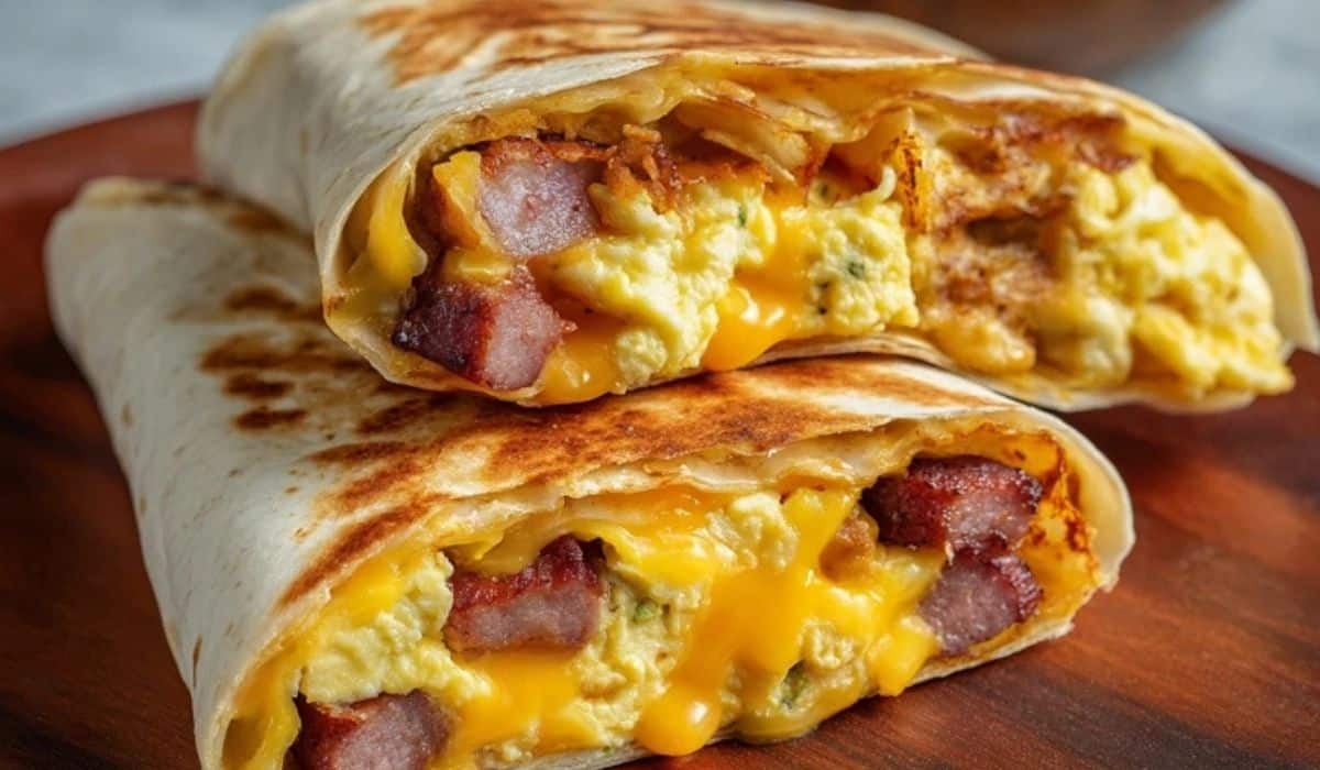 Breakfast Crunchwraps with sausage, eggs, and cheese cut in half on a wooden board