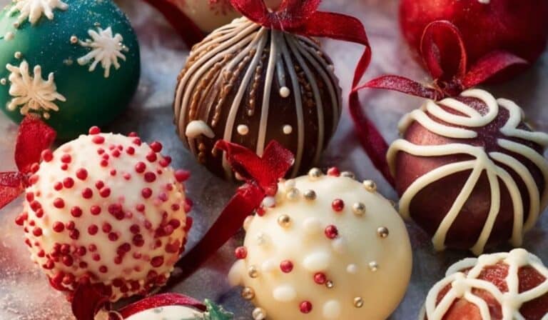Cake Ball Ornaments decorated with ribbons and festive sprinkles