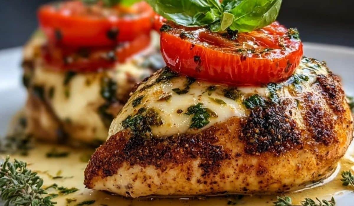 Caprese Stuffed Chicken with mozzarella, basil, and tomato
