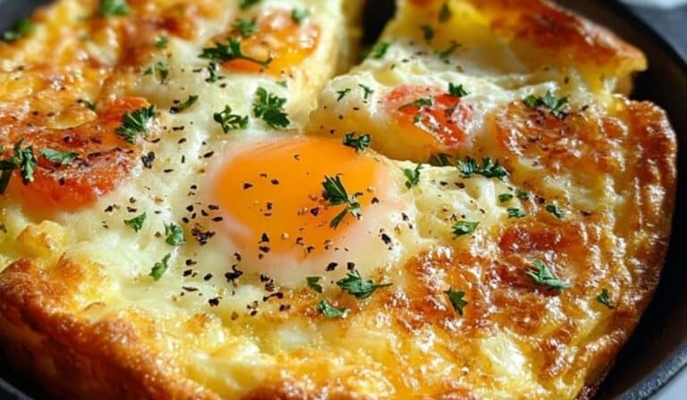 Cheesy Egg Bake served in a hot skillet with golden melted cheese and herbs