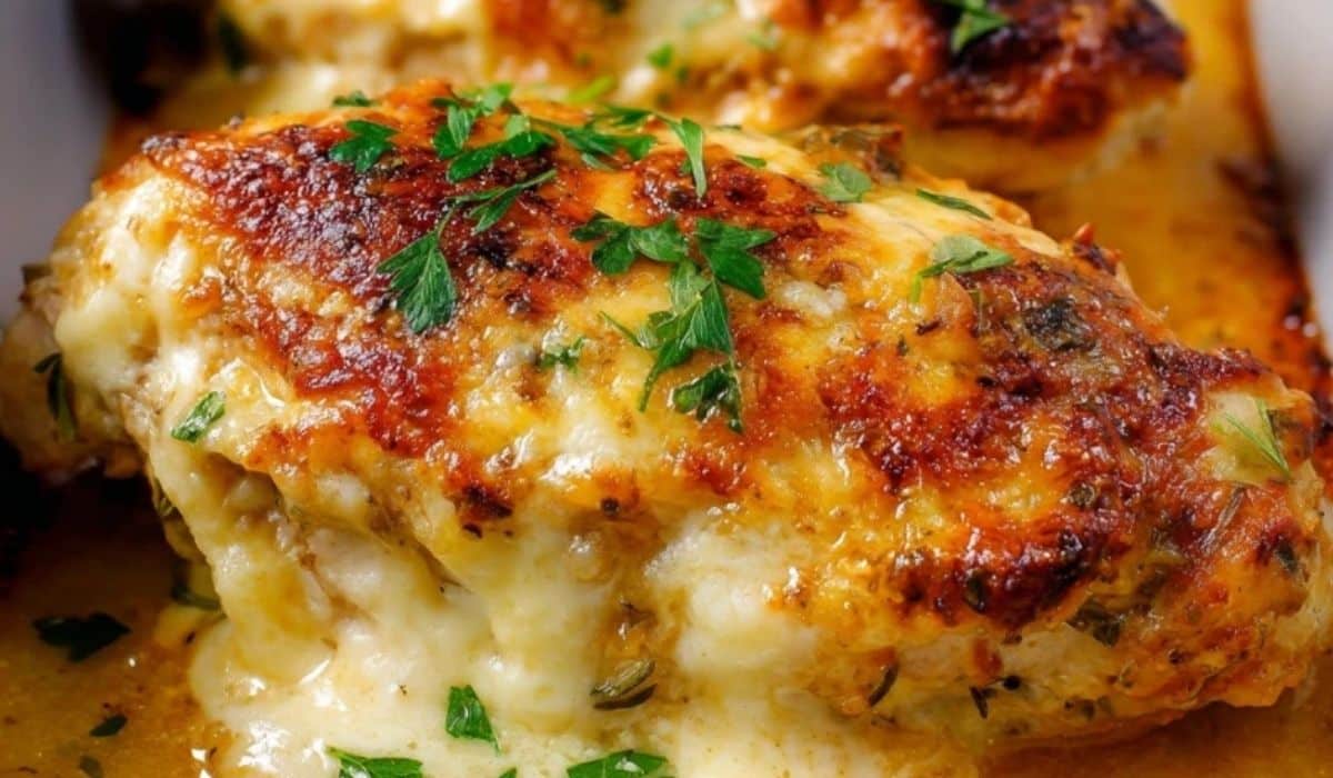 Cheesy French Onion Chicken baked with golden melted cheese and herbs