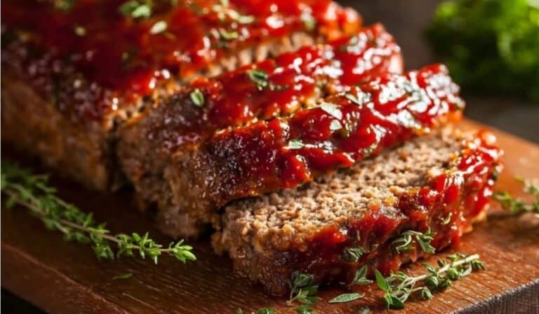 Classic Meatloaf sliced and topped with savory ketchup glaze on wooden board
