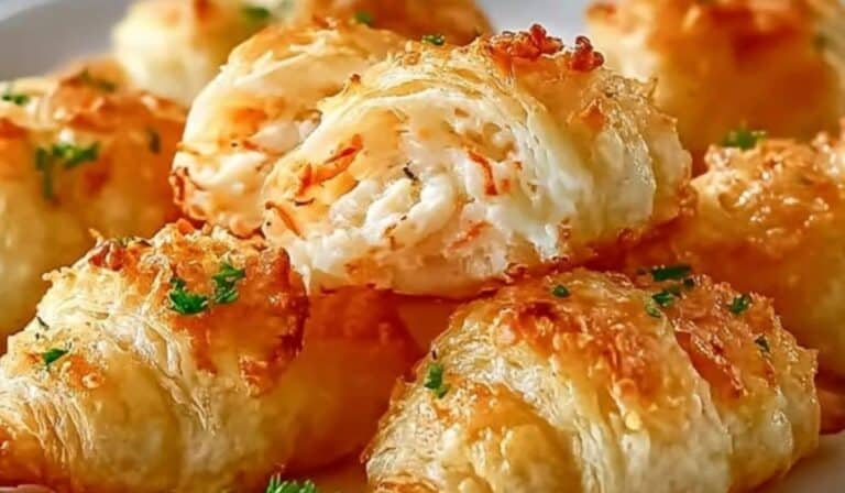 Crab Crescent Bites stacked on a plate with golden flaky crust and creamy crab filling