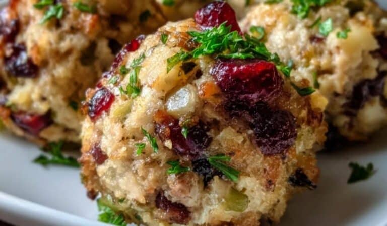 Cranberry turkey stuffing balls on a white plate with parsley garnish