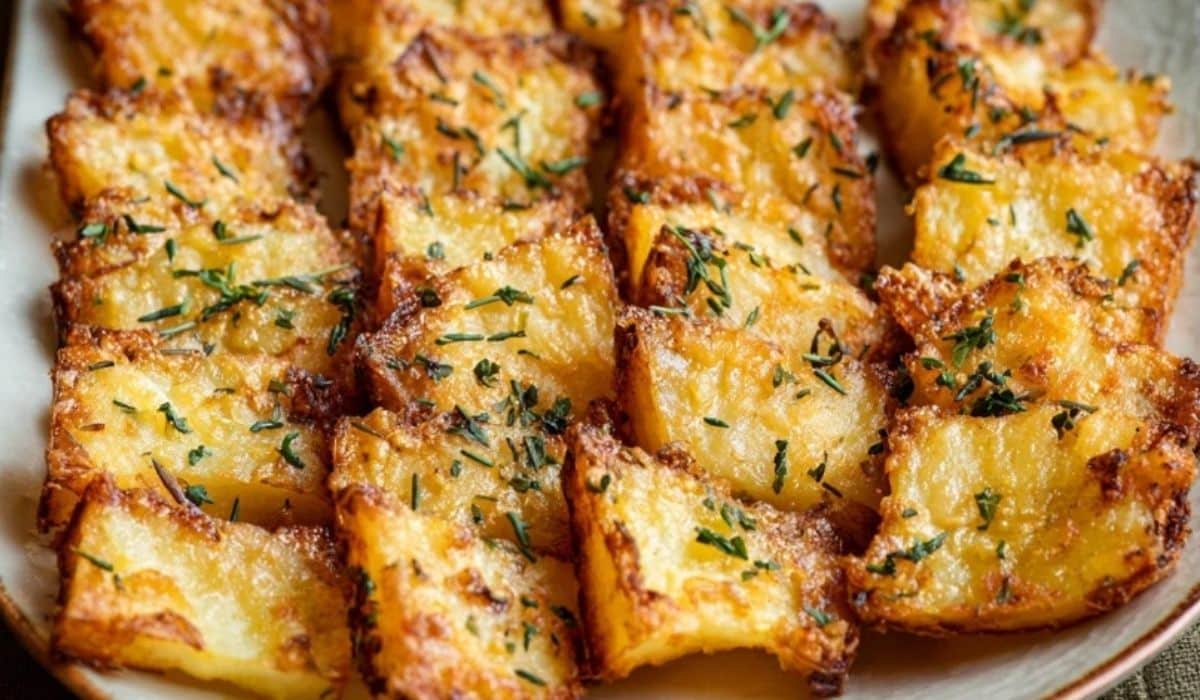 Crispy Domino Potatoes served on a plate with fresh herbs and golden edges