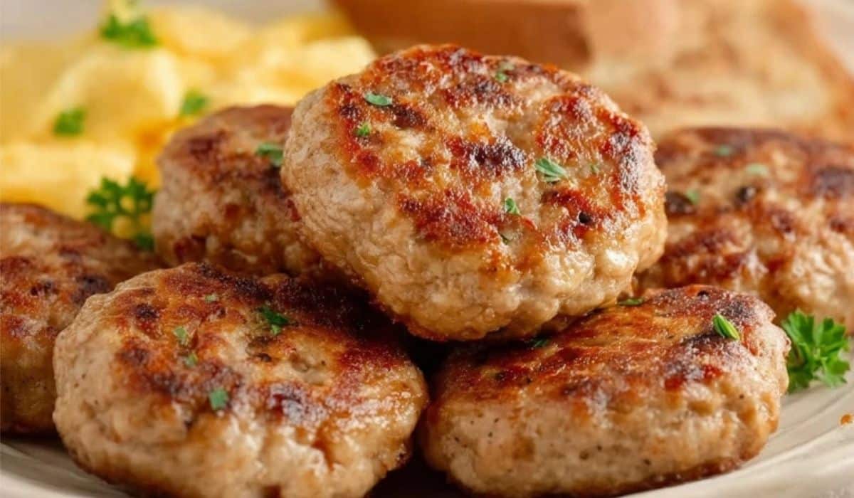 Easy Turkey Breakfast Sausage patties served hot on a plate