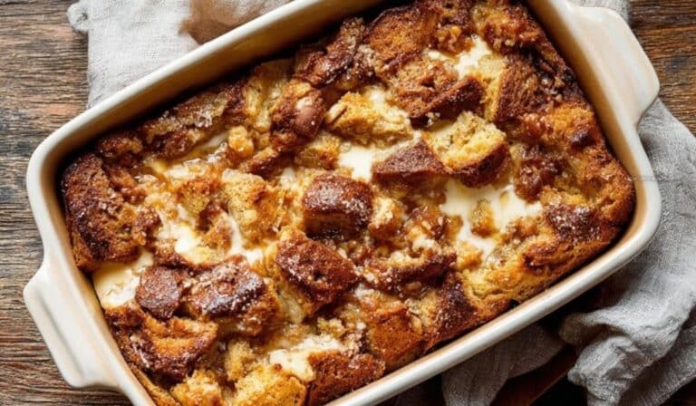 Featured baked cream cheese French toast casserole in white dish