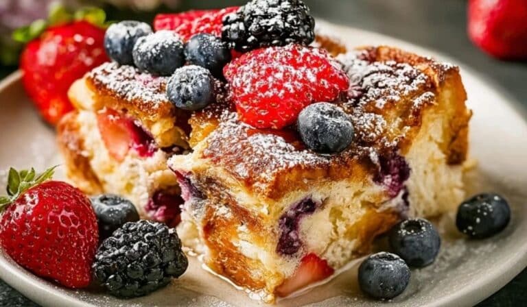 Berries & Cream French Toast Casserole topped with fresh strawberries, blueberries, and powdered sugar on a white plate