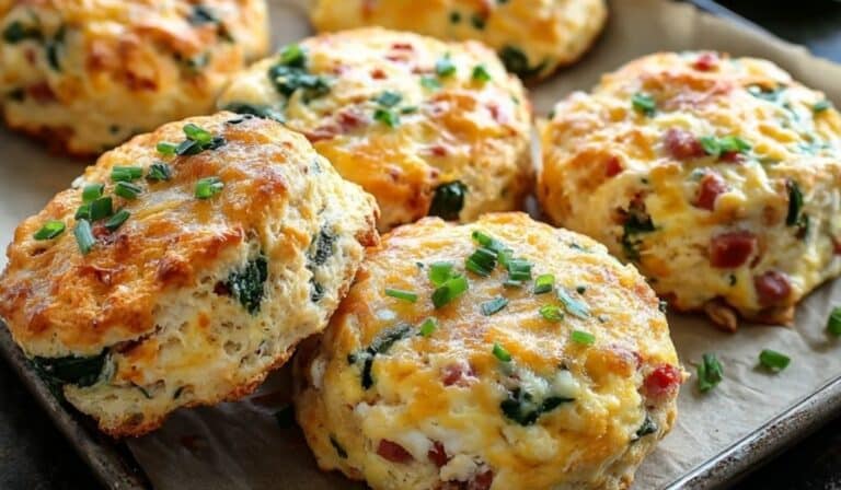 Fluffy Breakfast Protein Biscuits with spinach, cheese, and ham on baking tray