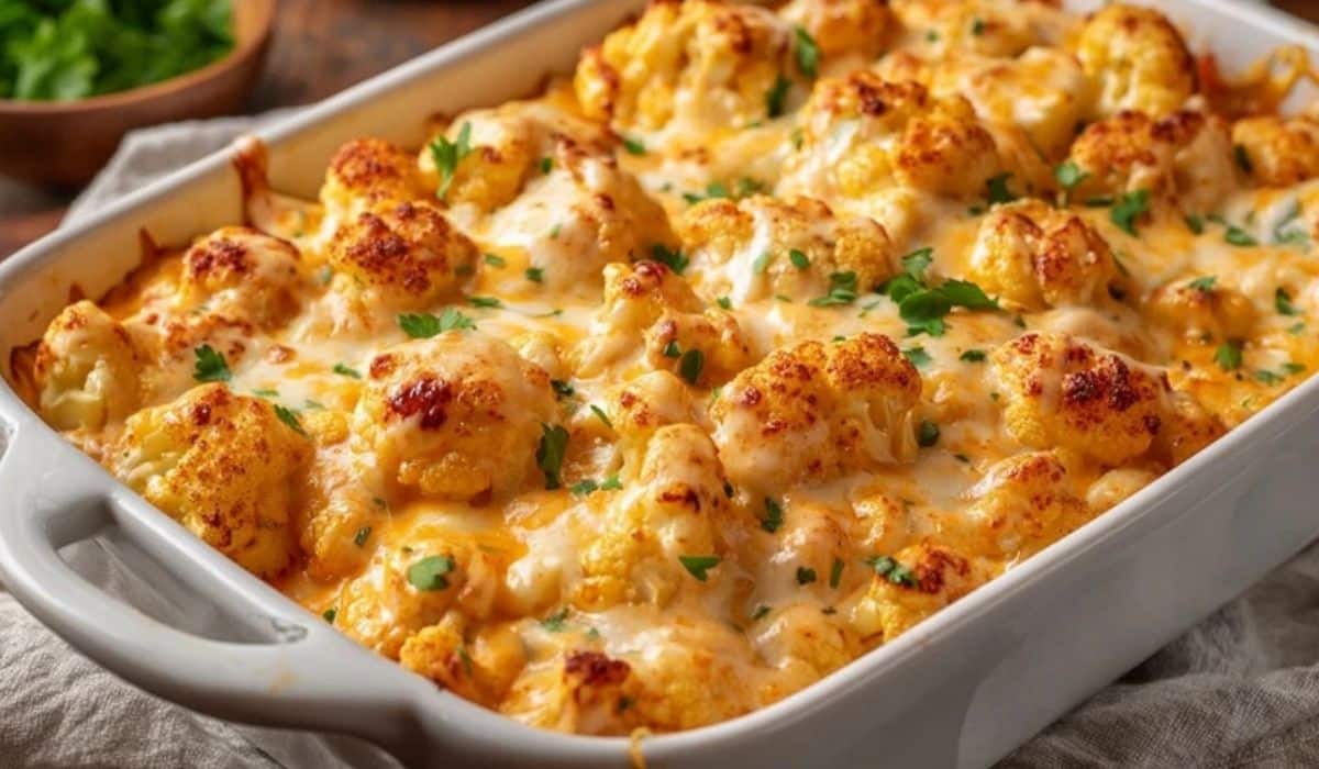 Creamy Buffalo Chicken Cauliflower Casserole fresh out of the oven