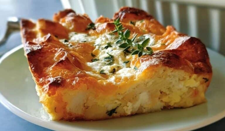 Creamy Egg Strata casserole slice served on a white plate