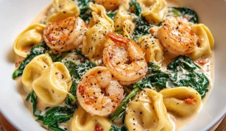 Creamy Shrimp and Spinach Tortellini served in a white bowl with cheese tortellini, sautéed shrimp, and fresh spinach in creamy garlic sauce
