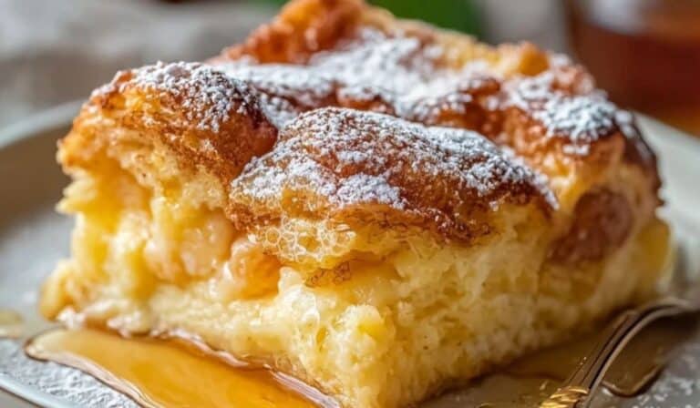 French Toast Casserole with Croissants topped with powdered sugar and syrup