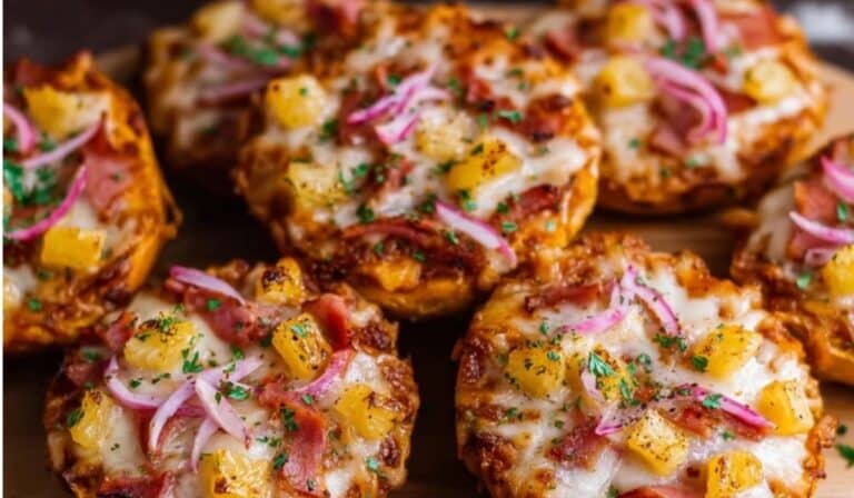 Hawaiian Pizza Bagel Bites with ham, pineapple, and melted cheese