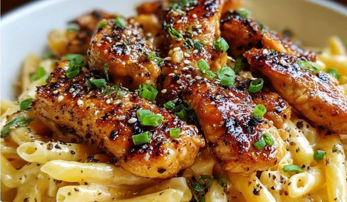 Honey Pepper Chicken Pasta with grilled chicken strips, cracked pepper, and creamy penne