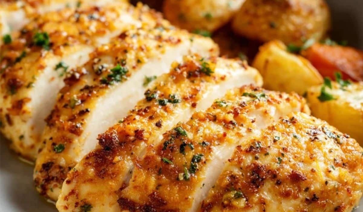 Melt In Your Mouth Chicken Breast served with crispy roasted vegetables