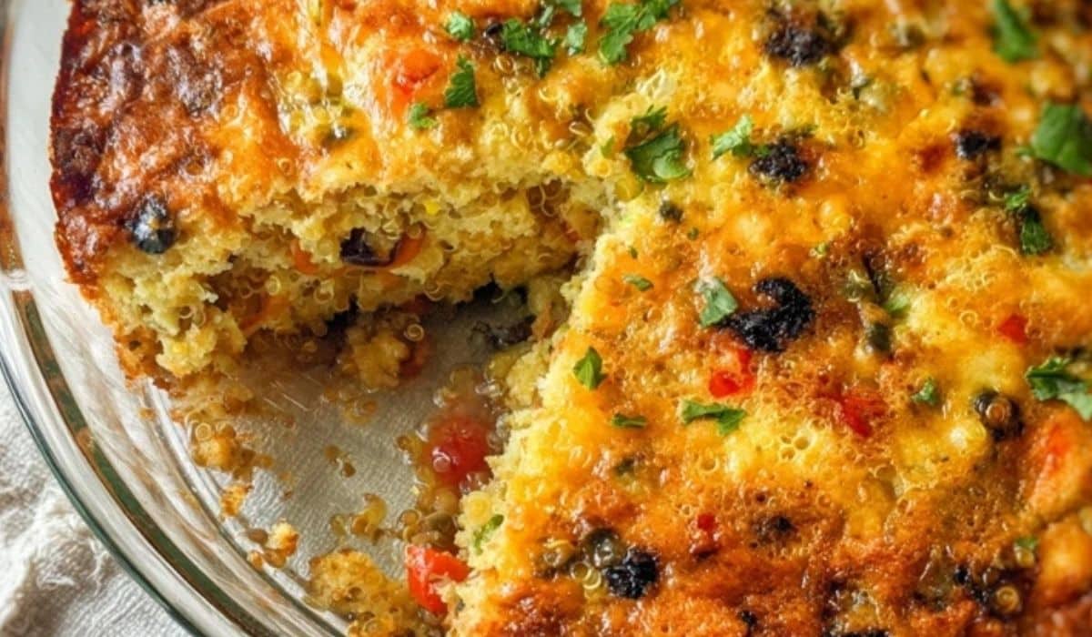Savory Quinoa Breakfast Bake in a glass dish with golden crust and colorful veggies