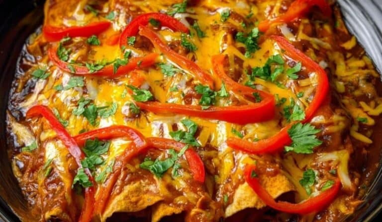 Slow Cooker Chicken Enchiladas topped with red peppers and cilantro in crockpot