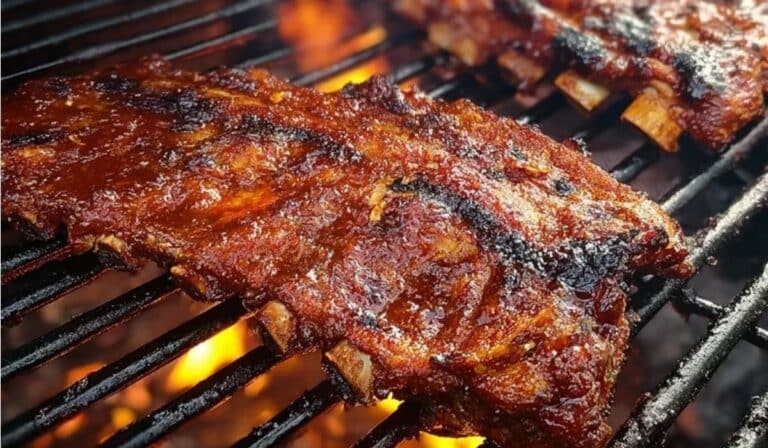 Southern Grilled BBQ Ribs cooking over open flame on grill