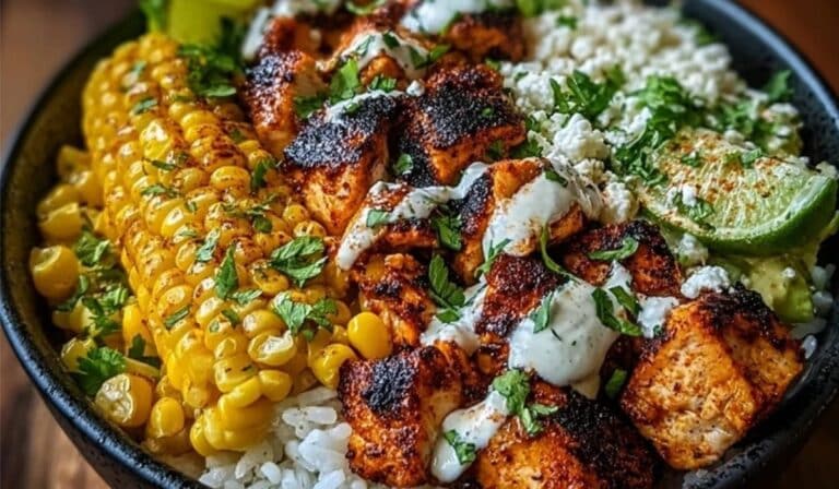 Street Corn Chicken Bowl with charred corn, rice, and crema