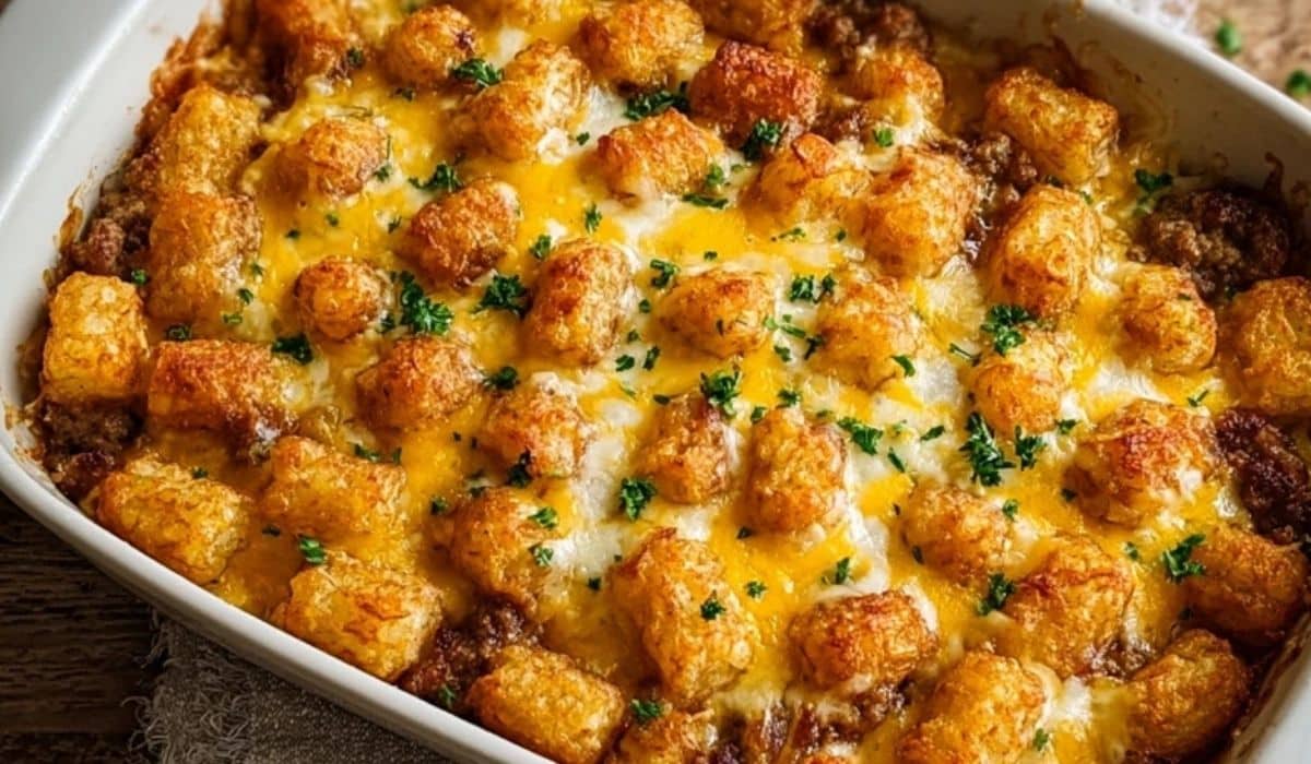 Tater Tot Sausage Breakfast Casserole fresh out of the oven