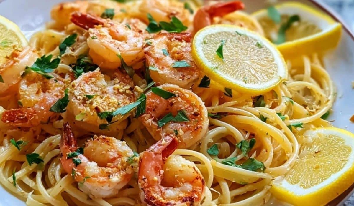 Lemon Garlic Shrimp Pasta garnished with parsley and fresh lemon slices