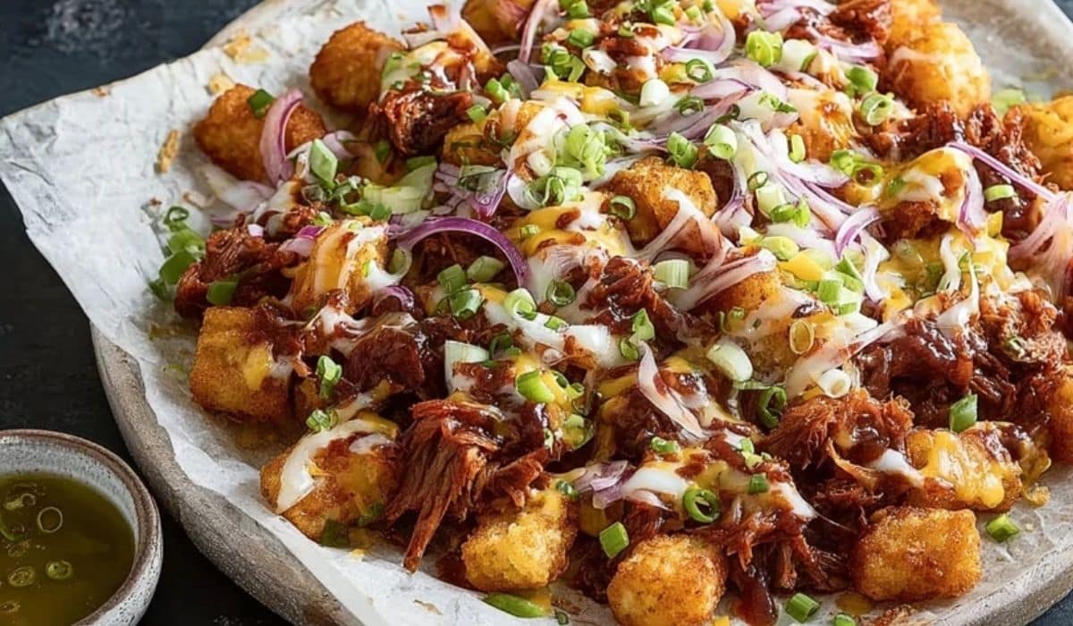 Memphis BBQ Pork Totchos served on parchment with tangy BBQ sauce and toppings