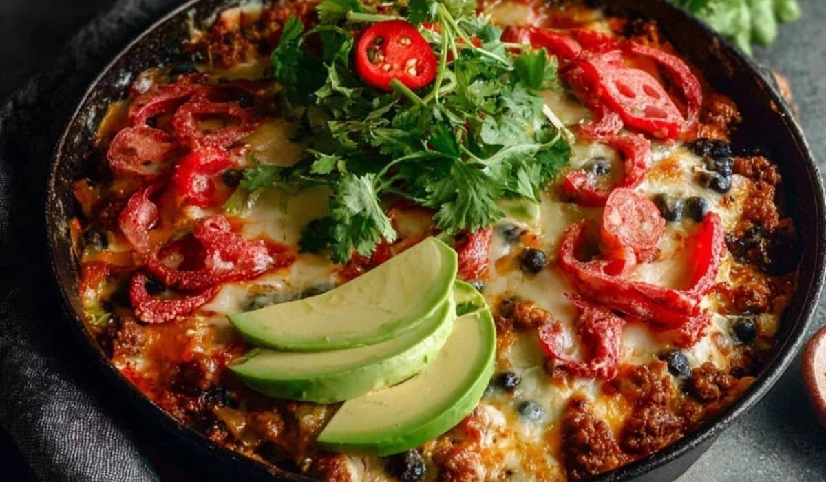 Mexican Chorizo and Pepper Casserole topped with avocado and cilantro in a skillet